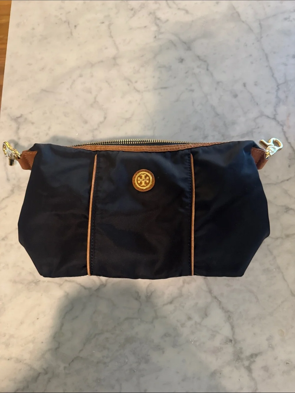 Tory Burch black Nylon Cosmetic Pouch with Tan Trim